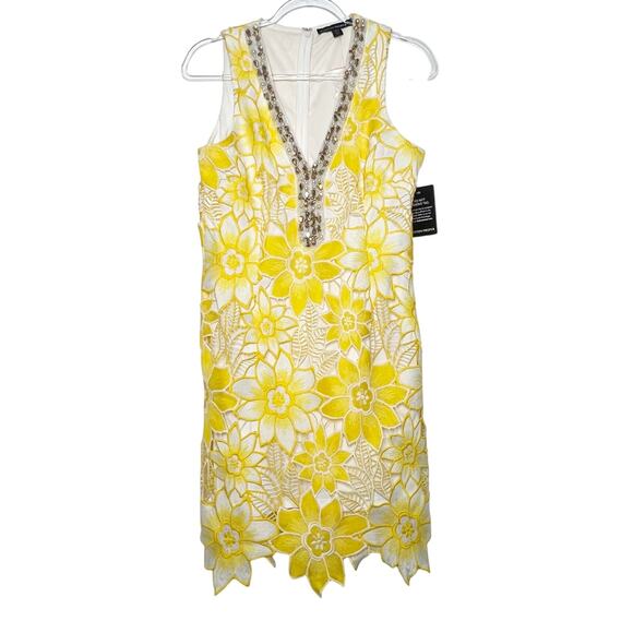 BOSTON PROPER Embellished Neckline Lace Shift Dress Yellow White Womens 10 NWT - Picture 3 of 12